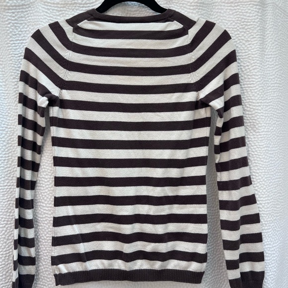 WOMENS LACOSTE BROWN AND WHITE STRIPE SWEATER SMALL 34 VNECK - Picture 3 of 3